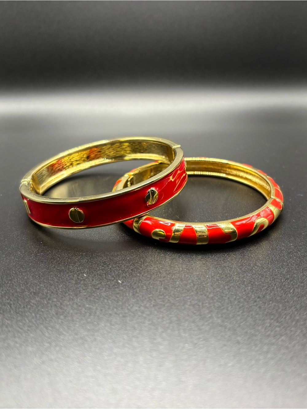 Vintage Red Enamel Gold Bangle Bracelet Stack Set Lot of 2